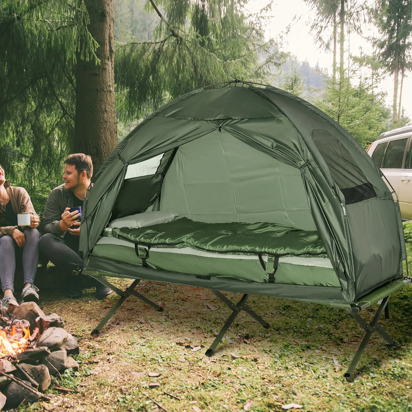 All in One Camping Tent Cot Combo with Air Mattress Sleeping Bag Pump 225lbs Capacity Portable Outdoor Gear Set for Backpacking