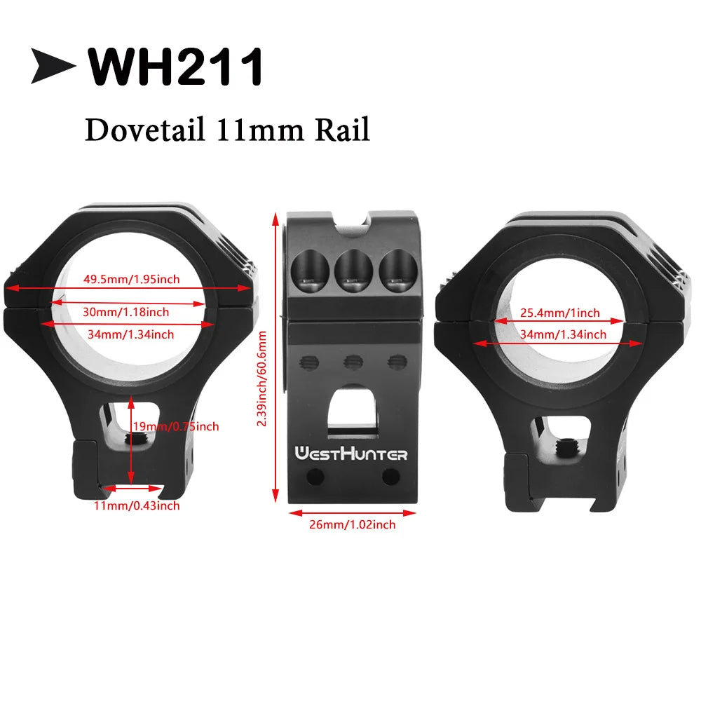 WestHunter 11mm Rail Scope Mounts High Profile Dovetail Mounts 34mm/30mm/25.4mm Tube Sight Rings Hunting Accessories