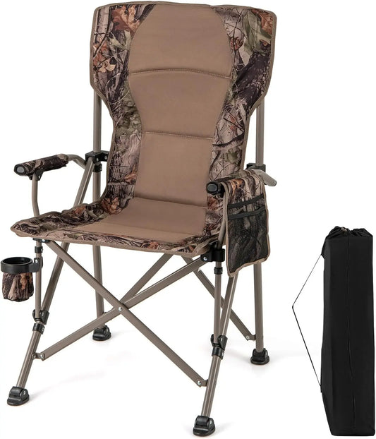 Folding Camping Chair, 400 LBS Support Lawn Chair w/Armrests with Covers, Cup Holder & Storage Pocket, Adjustable Feet,