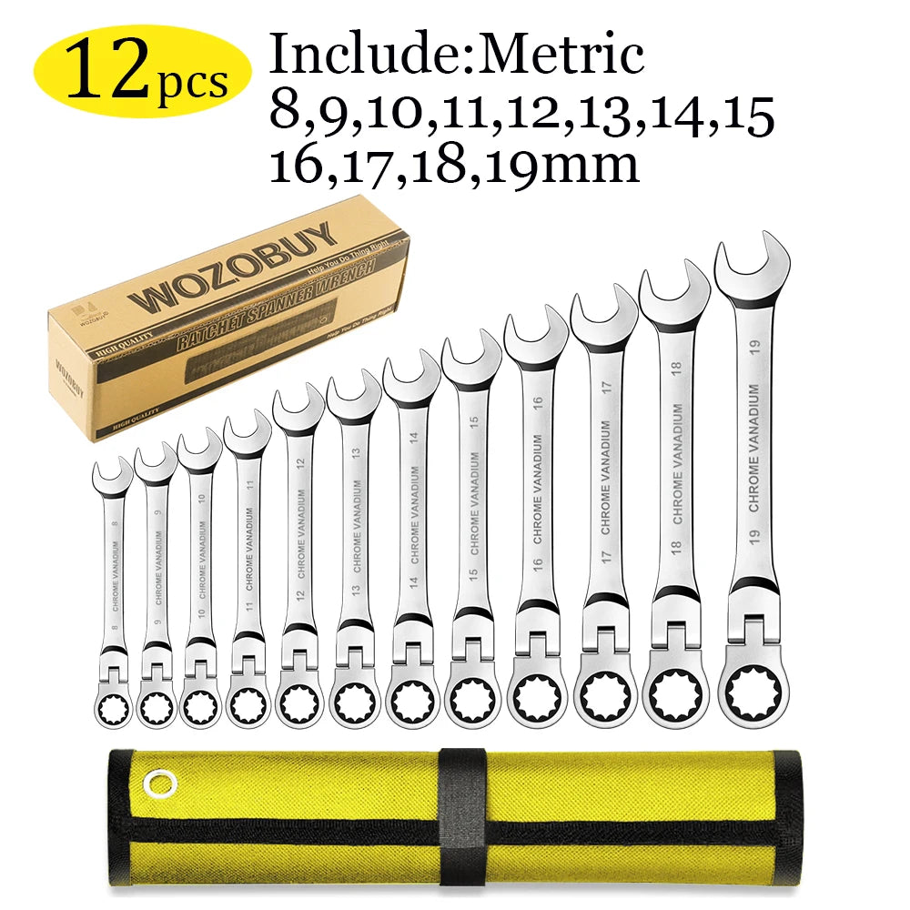 12/14/16/17pcs Flex-Head Ratchet Wrench Set, 6-26mm, 72 Teeth, Cr-V Constructed Combination Ended Span Kit with With Rolling Pou