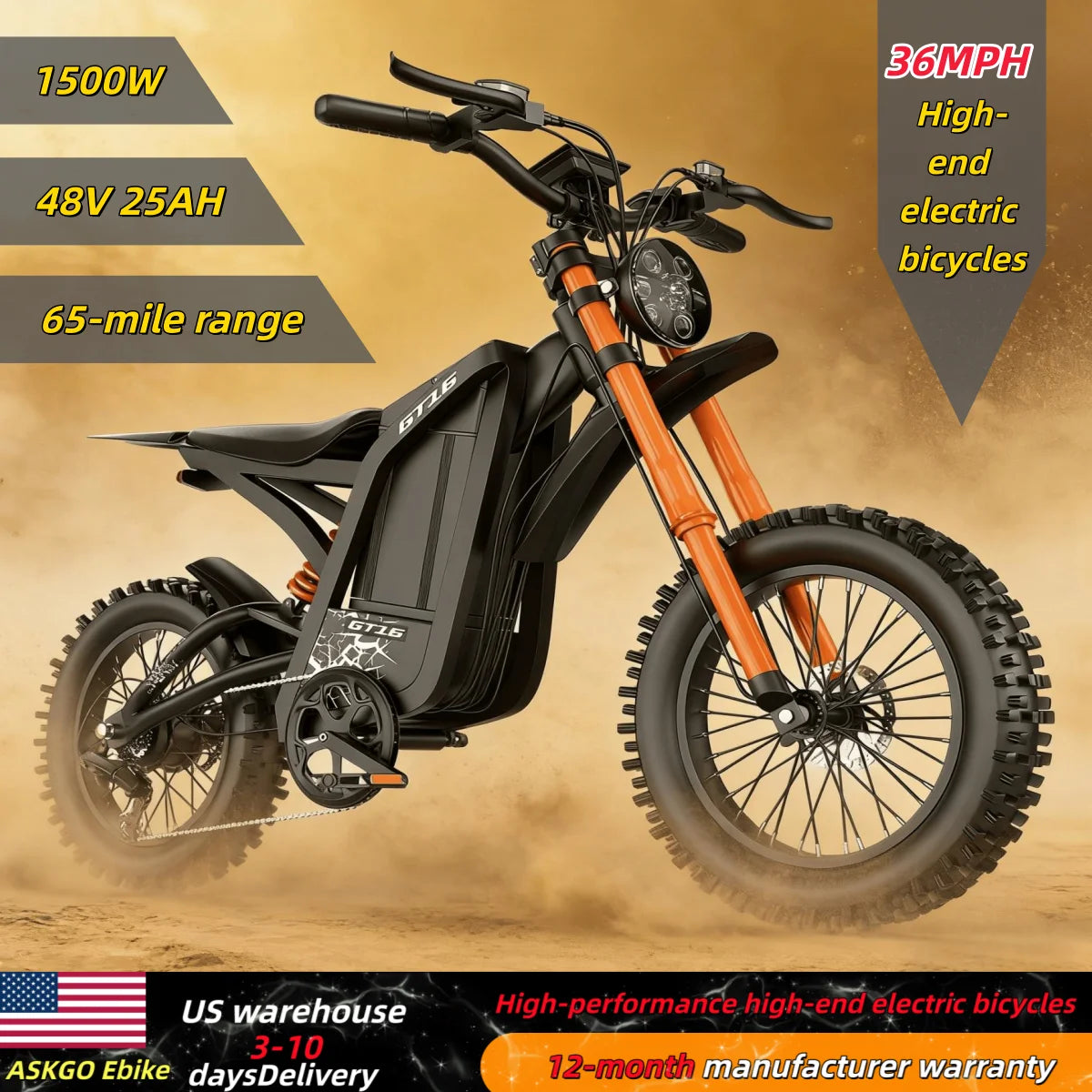 Electric bicycle, full suspension, 48V 25AH, 1500W, 36MPH, 65-mile range, high-end,  LCD screen, all-terrain, US warehouse