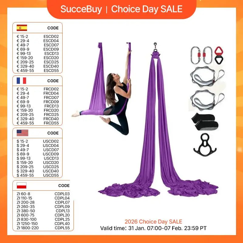 SucceBuy 8.7/11 Yards Aerial Yoga Hammock &Swing Yoga Starter Kit Aerial Silk Fabric Yoga Strap Accessory for All Levels Fitness