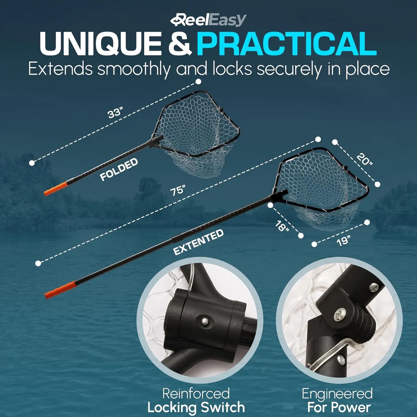 Large Fishing Net with Extendable Handle, Foldable & Lightweight for Freshwater, Saltwater, Beach Fishing