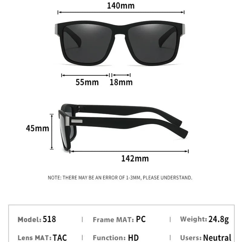 Black Polarized Square Sunglasses Men Women Fashion Classic Driving Shades for Outdoor Sports Cycling Travel Fishing Eyewears
