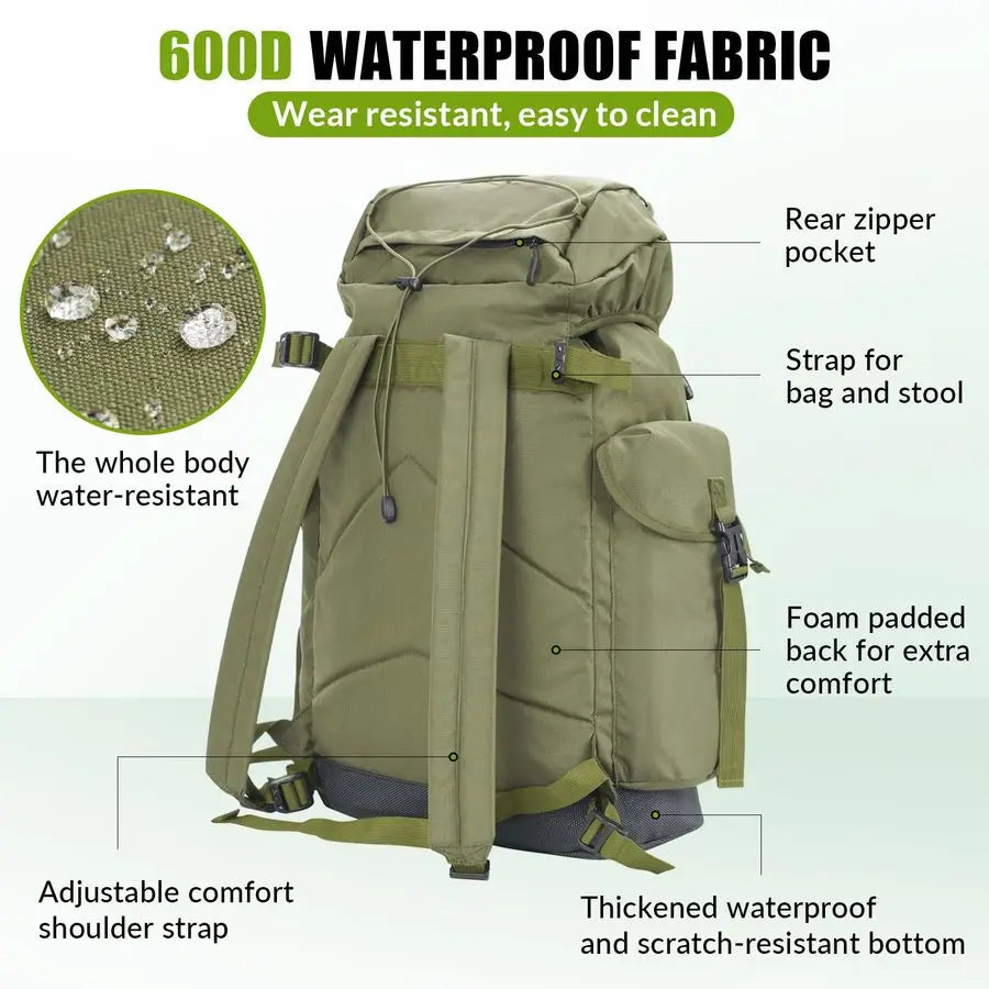Fishing Backpack with Foldable Chair, 35L Tackle Box Backpack with Rod Holders Fishing Storage Bag Portable Stool for Outdoor Fi