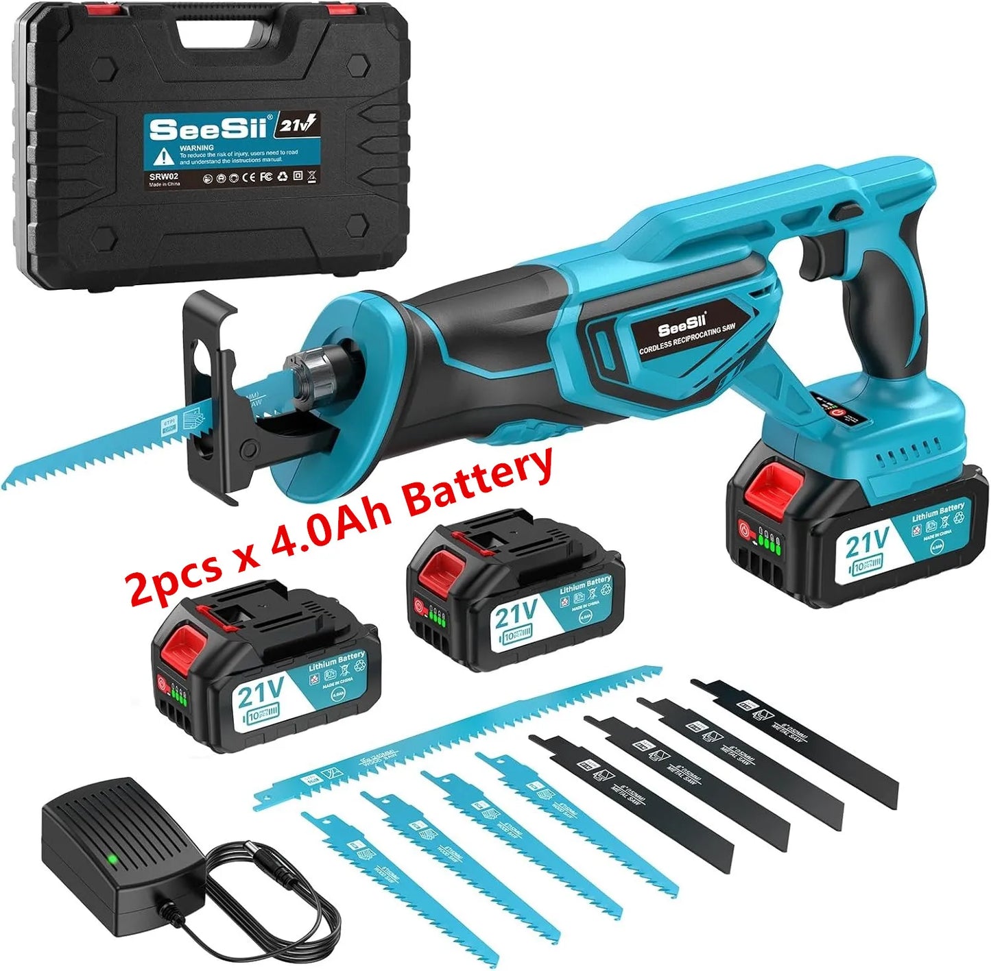 SEESII Reciprocating Saw Cordless 3300 RPM Brushless Motor with 2 x 4.0Ah Batteries 8 Saw Blades Portable for Wood PVC Cutting