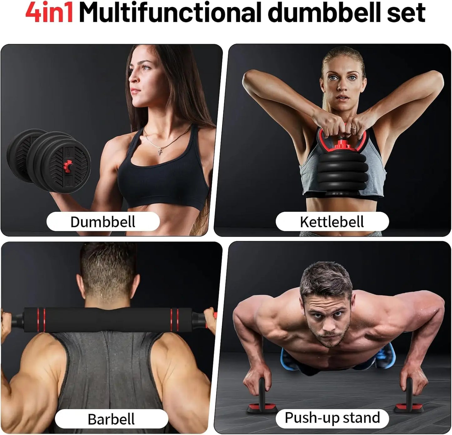 Adjustable Dumbbell Set 20-80lbs, 4-in-1 Free Weights for Home Gym, Barbell/Kettlebell/Push Up Stand for Men & Women