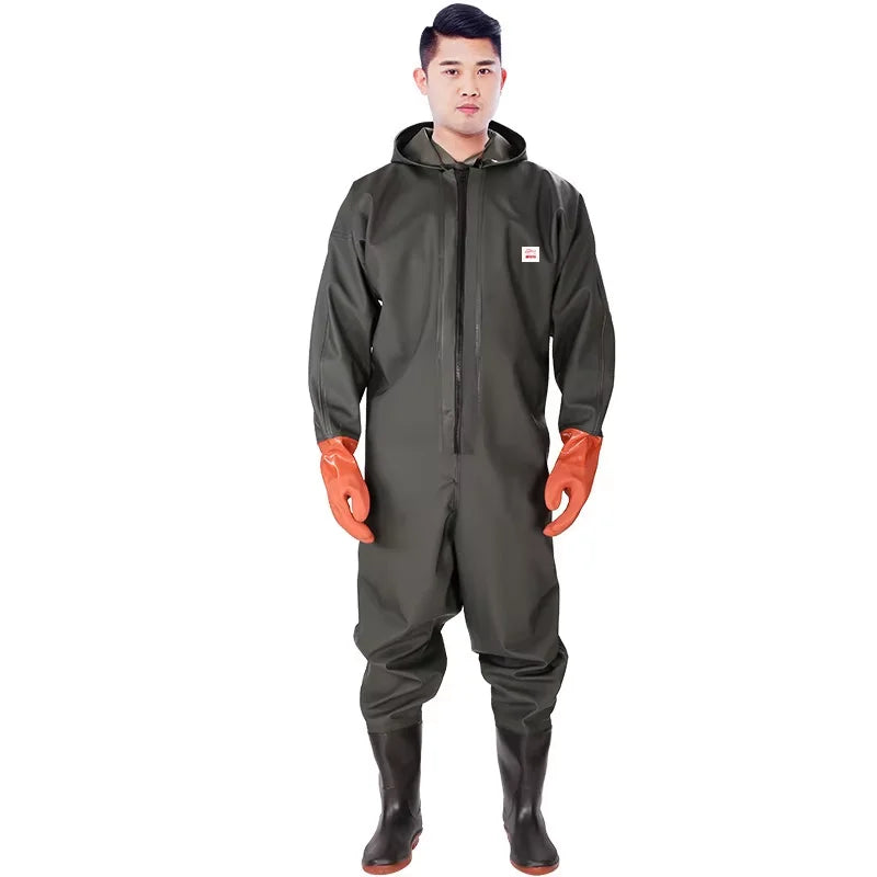 Adult Hooded Long Sleeve Wader Pants With Boots Gloves Set Outdoor Fishing Hunting River Tracing Gear Waterproof Overall For Men