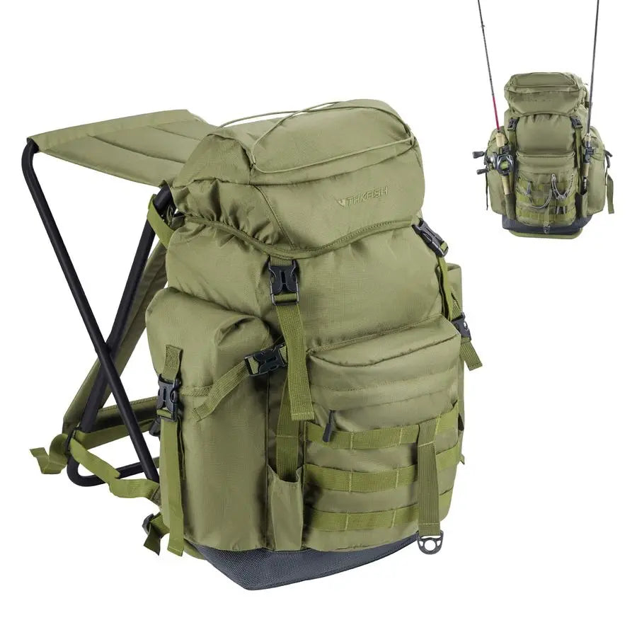 Fishing Backpack with Foldable Chair, 35L Tackle Box Backpack with Rod Holders Fishing Storage Bag Portable Stool for Outdoor Fi