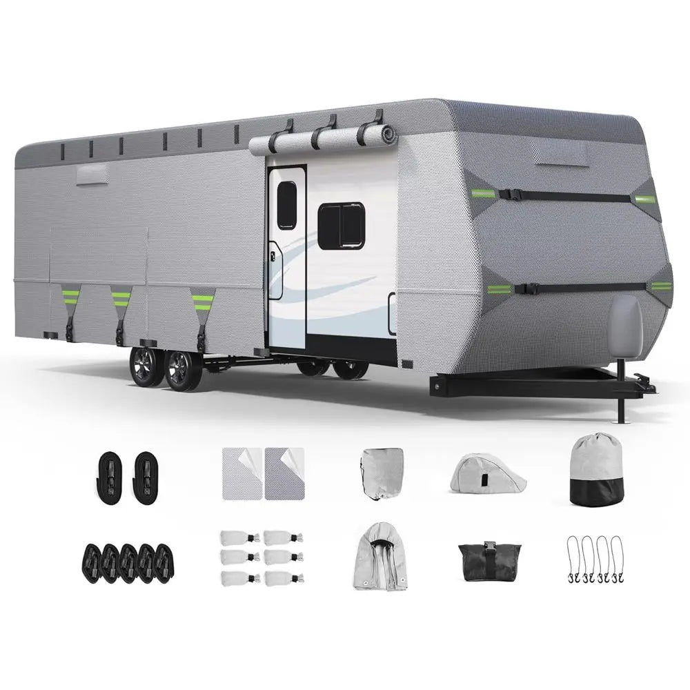 Layer Thickened RV Cover, 30-33ft Ultra Windproof & Tear Resistant Travel Trailer Cover, All-Weather Camper Cover with 6 Vents &