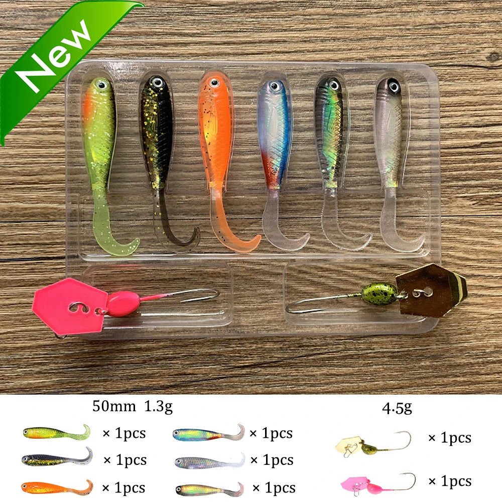 Soft Lures Kit 1.3g 5cm Tail Worm Spinner Jig Hook Crankbait Pesca Gear Tackle 6pcs Bait 10pcs Swimbait Carp Fishing Lure Set