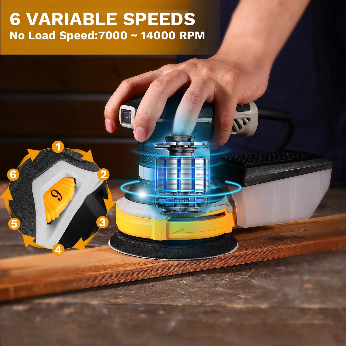 DEKO 14000RPM 16 Pieces Sandpaper 125 mm 300W Orbital Sander Sanding Pad Dust Collector for household Wood and Steel Surf