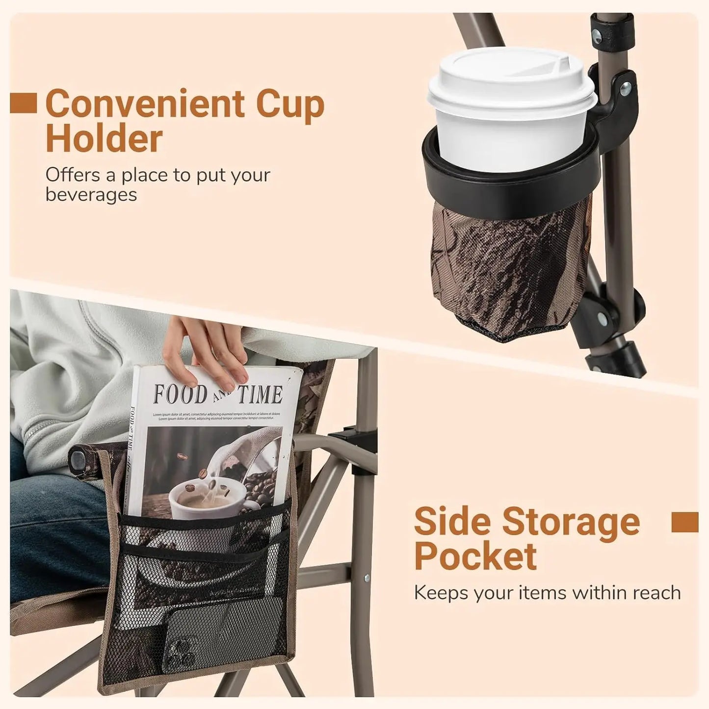 Folding Camping Chair, 400 LBS Support Lawn Chair w/Armrests with Covers, Cup Holder & Storage Pocket, Adjustable Feet,