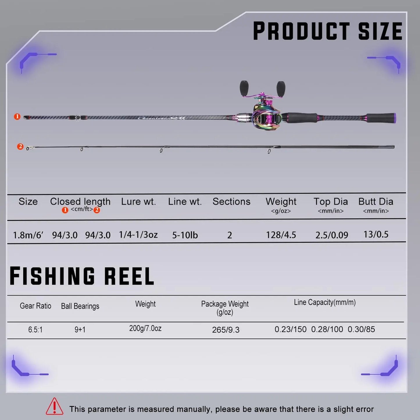 2-Piece Carbon & Glass Fiber Baitcasting Fishing Combo with Reel, 6'0" Rod for Casting