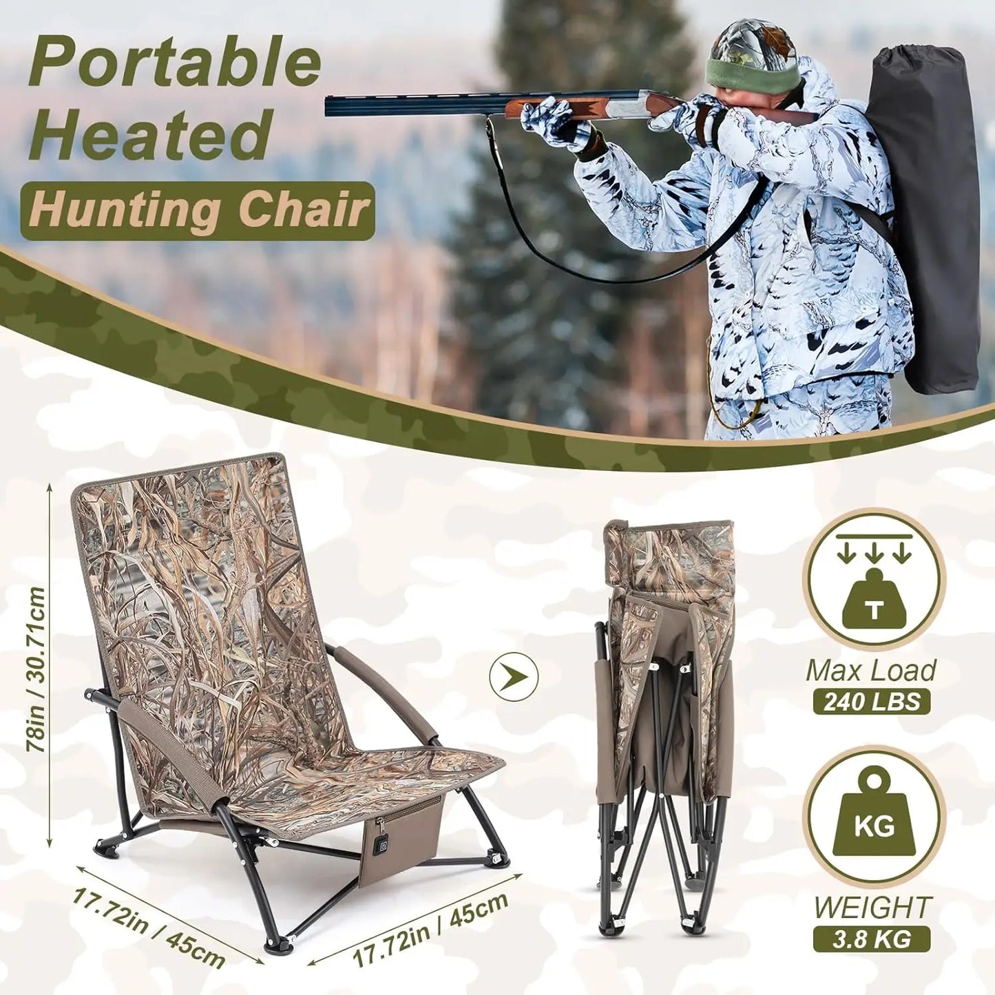 1 Pack Heated Hunting Chair, Adjustable 3-Mode Folding Seat with Carry Bag, Portable Cushion for Turkey Blind, Deer, Ground, Duc